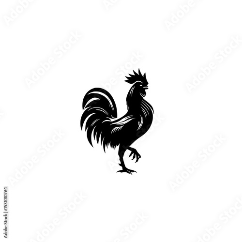 The image is a modern depiction of a rooster, shown in black silhouette and standing on one leg, isolated on white