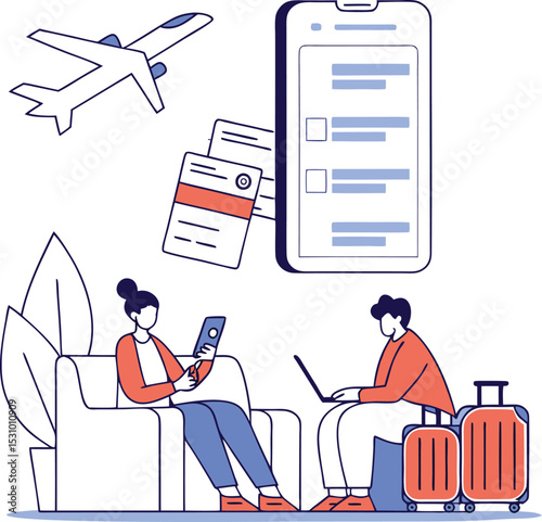 Modern travel concept with online booking and check-in, flat illustration