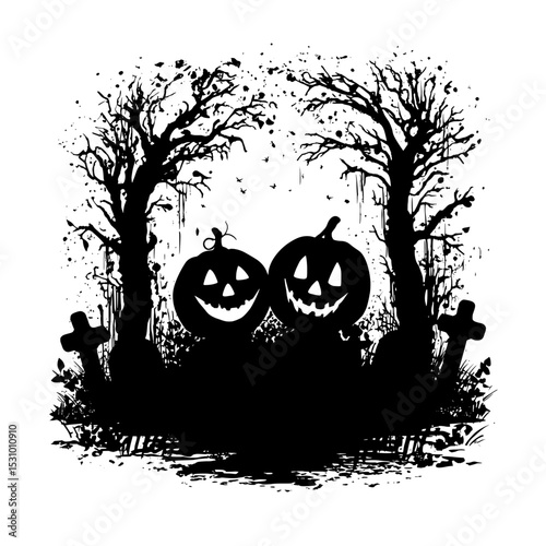 A Halloween scene features black silhouettes of pumpkins in a cemetery on a white background, including a graveyard and broken trees