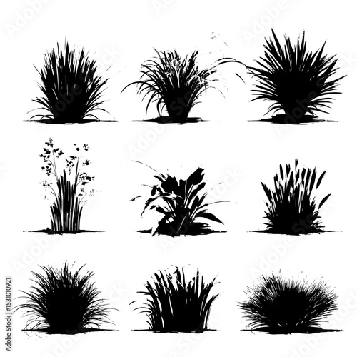 Modern black silhouettes of forest, bush, grass, jungle, and greenwood are set against a white background, highlighting nature's plants