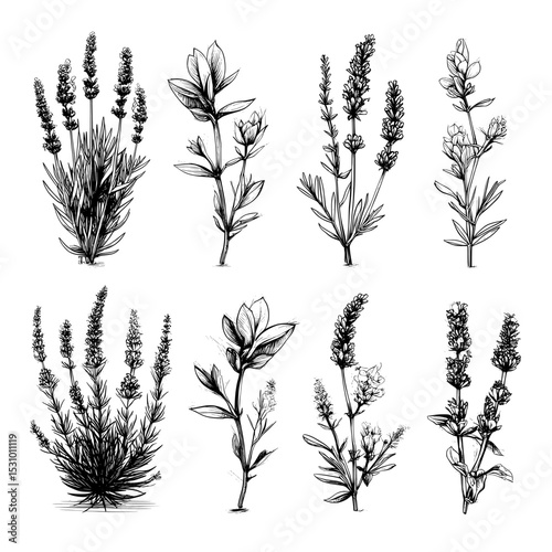 This set includes 20 white lavender silhouettes, each uniquely designed in a modern hand-drawn style, placed on a white plane and deliberately left without any outlining