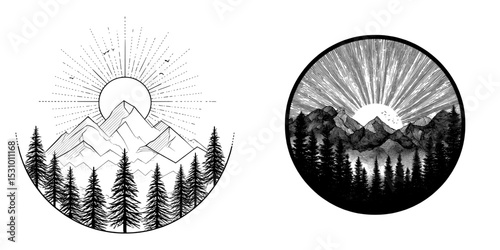 A modern illustration in black and white colors showcases a beautiful natural landscape, complete with silhouettes of coniferous forest trees, mountains, and a sun, in a geometric round design
