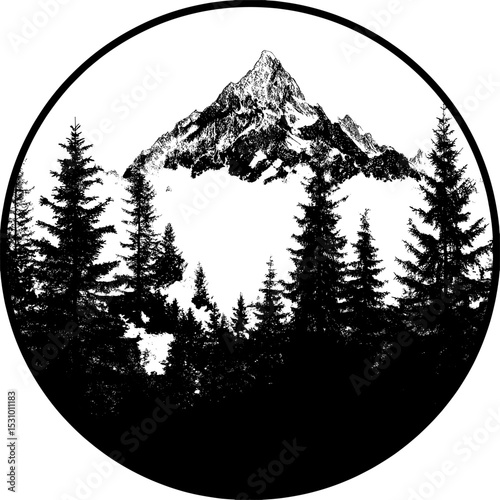 The modern illustration showcases a beautiful natural scene with silhouettes of coniferous trees and mountains in a round geometric shape using black and white colors