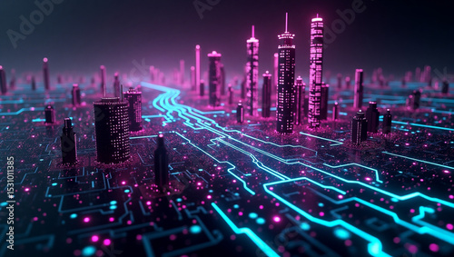 Cyberpunk city with neon lights and futuristic architecture design