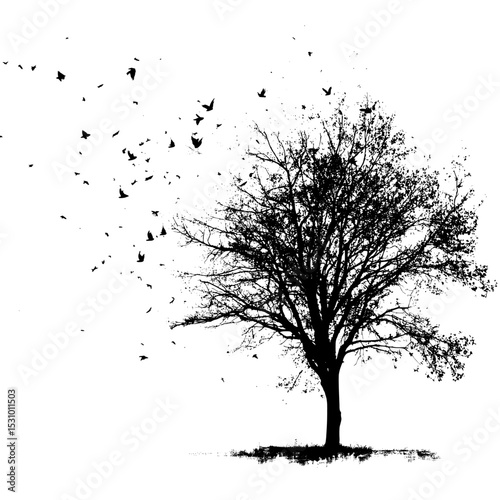 A silhouette of a tree with leaves and birds on a white background is presented in illustration