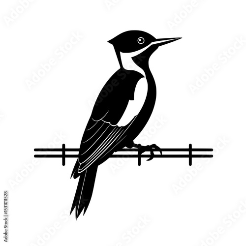 This modern illustration showcases a flat cartoon character design of a black woodpecker, which can be used as a black bird icon or a cute woodpecker template, all isolated on a white background