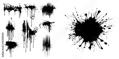 A white background isolates a modern set of ink blots and drips
