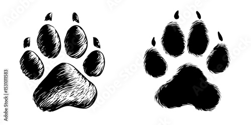 The modern footprint of a cat's paw is paired with a dog and puppy's diagonal animal silhouette tracks