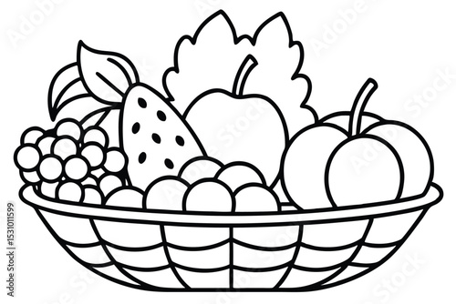 A black and white illustration depicting various fruits in a woven basket for coloring or design