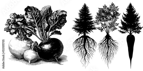 Agricultural plants in silhouette and three types of root vegetables are present