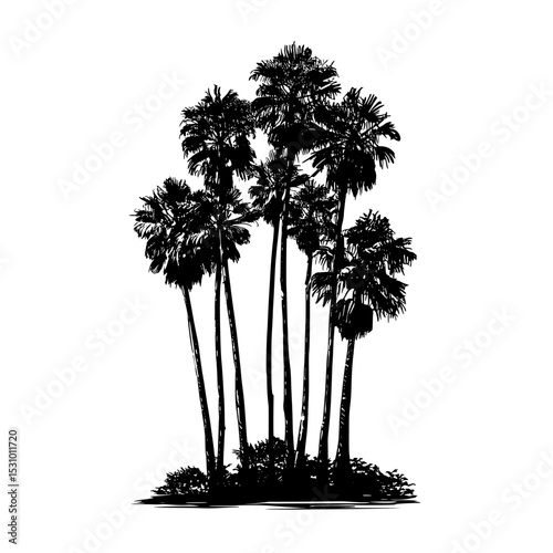 The silhouette of black palm trees and their branches set against a white background, a contemporary illustration for use in congratulation cards, print designs, banners, and more