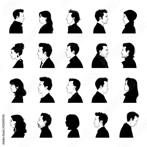 Abstract icons that are human figures symbolize the metaphor of diversity between people, depicted in black and white silhouettes