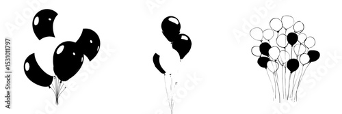 A collection of white and black silhouette balloons is shown isolated on a white background