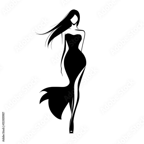 The woman is depicted walking forward while wearing a long evening dress, shown as a modern isolated silhouette from the front