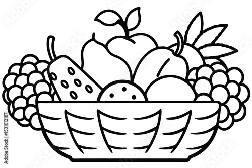 Black and white illustration of a basket filled with various healthy fresh fruits and produce