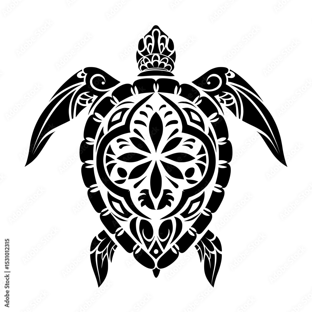 Naklejka premium Contemporary artwork featuring a flat black silhouette of a swimming sea turtle, isolated on white