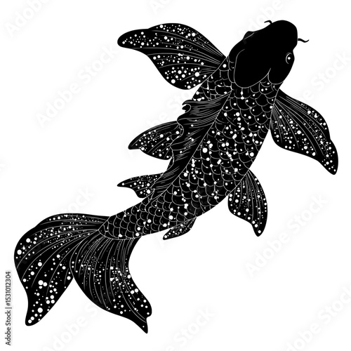 Isolated on white, a black dotted Koi carp cartoon represents the Japanese symbol of luck, fortune, and prosperity in a modern flat style