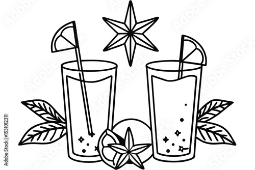 Elegant black and white illustration depicting two refreshing cocktails garnished with citrus and star anise