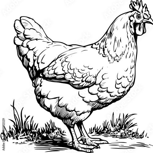 This modern illustration consists of a black silhouette of a little chicken that has been isolated on a white background and is in EPS