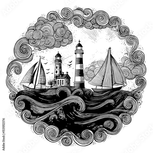 Illustrations of ocean sketches and summer elements are designed for posters and cards with basic white and black graphics