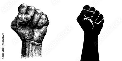 A contemporary graphic representation of a protester's fist, symbolizing resistance, set against a plain white backdrop in a stylized silhouette form