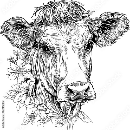 This modern design showcases a cow head on a white background, doubling as a logo or icon for farm animals, and is notable for its ease of editing due to its layered composition