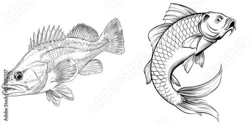 The image depicts fishing, specifically a fisherman, in clip art style with black fishing elements on a white background in modern format