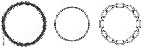 The texture chain is encircled by a round frame, with a circle border and chains forming a silhouette in black and white, isolated on the background, as a chainlet design element