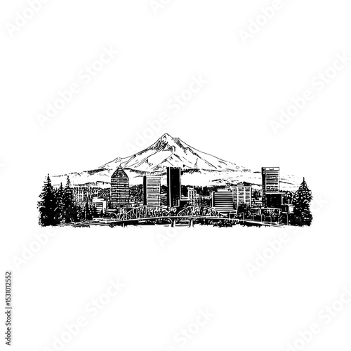 Portland City's skyline is featured in a horizontal banner, showcasing a black and white silhouette of the Oregon city, ideal for modern design templates