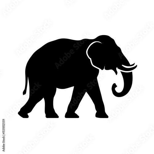 Black on white illustration of elephant silhouette icon in modern flat style, formatted as EPS