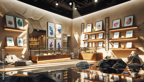 Interior design with art prints and water feature creating a naturalistic artistic vibe