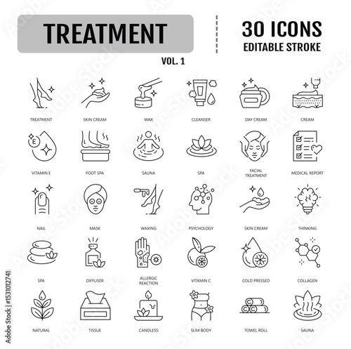 Treatment line editable icon set. Containing as skin care, spa, treatment, cosmetology, cosmetics, massage, and more. Vector illustration