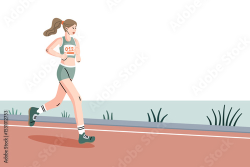 Female runner on track in flat style. Running for fitness, health, race training, and active lifestyle. Ideal for banner or background.