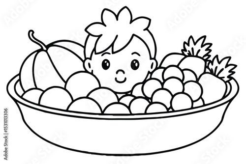 Adorable illustration of a young boy surrounded by fresh fruits in a bowl suitable for kids and educational purposes