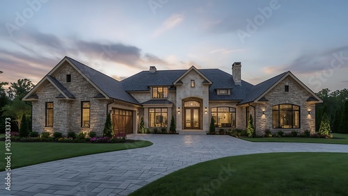 A modern farmhouse at dusk, featuring stone and wood accents, large windows, and warm interior lighting. The well-manicured garden and paved driveway add to its inviting charm