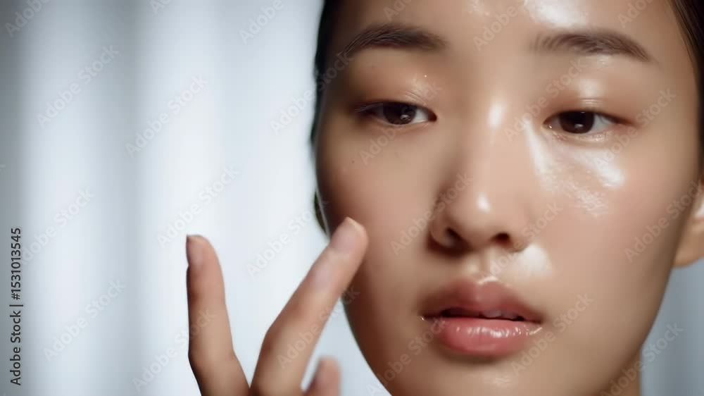 A woman with glossy skin touching her face against a blurred backdrop A woman with glossy skin touching her face against a blurred backdrop
