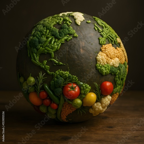 Globe made of fresh fruits, vegetables, and grains symbolizing healthy eating and global nutrition, perfect for World Food Day and sustainability themes. Generative AI