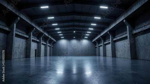 A long empty room with high ceilings concrete pillars and fluorescent lights