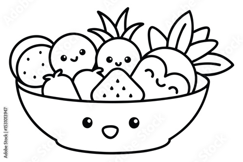Cute and happy cartoon fruit salad bowl illustration in black and white for dietary and healthy eating