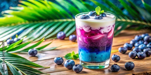 Layered Blueberry Yogurt Smoothie in a Glass with Fresh Berries and Tropical Leaves