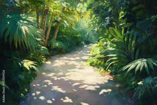 Sunlight filters through lush tropical foliage along a pathway.