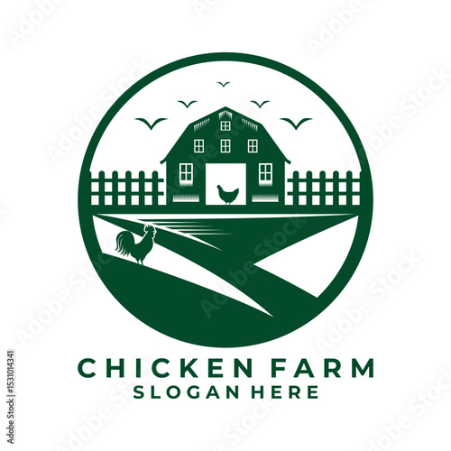 Farm house with chicken logo design vector template