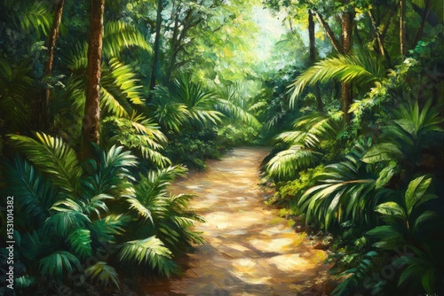 Lush jungle path bathed in sunlight.