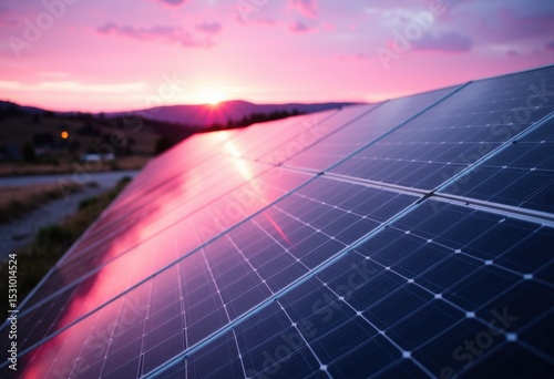 Solar panels reflect a vibrant sunset sky, highlighting renewable energy potential photo