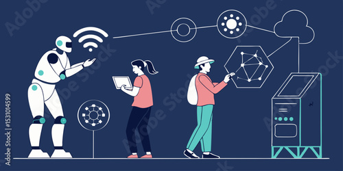 People interacting with robots or digital environments navy blue background vector illustration.
