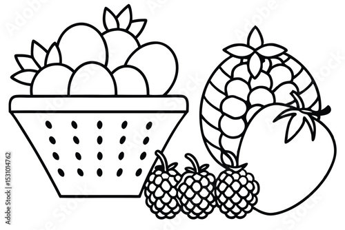 Black and white illustration of berries and fruits in a basket suitable for coloring pages or educational materials