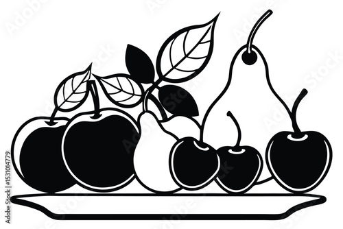 Elegant black and white fruit arrangement on a decorative plate featuring apples pears and cherries