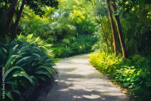 Sunlight filters through lush tropical foliage onto a pathway.