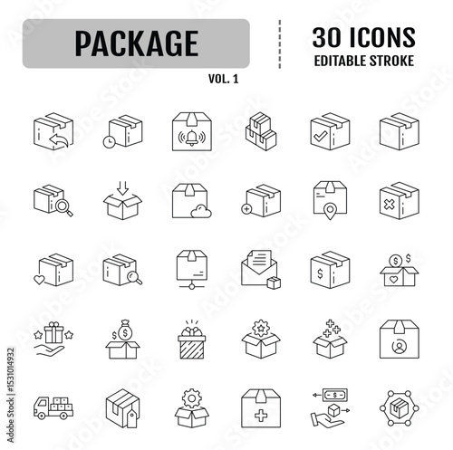 Package line editable icon set. Containing parcel, box, delivery, distribution, import, export, return and more. Vector illustration
