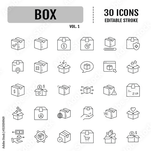 Box line editable icon set. Containing package,  parcel, delivery, distribution, import, export, return and more. Vector illustration